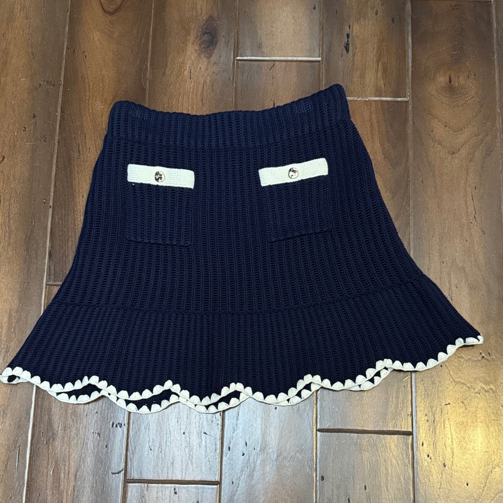 Self Portrait Navy and White Knit Skirt